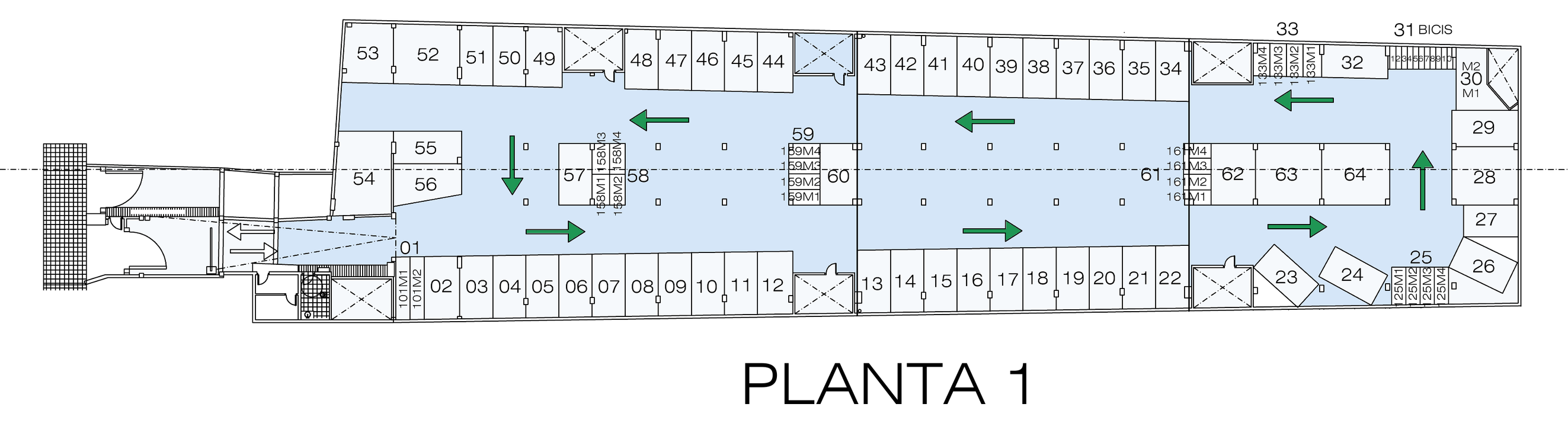 Plano de la planta 1 del parking: plazas numeradas y sentido de circulación